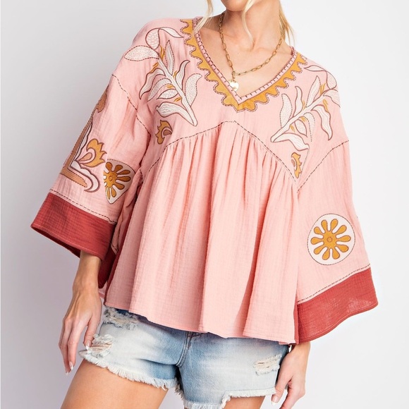 Embroidery Detailing Cotton Gauze Babydoll Top - Picture 4 of 4